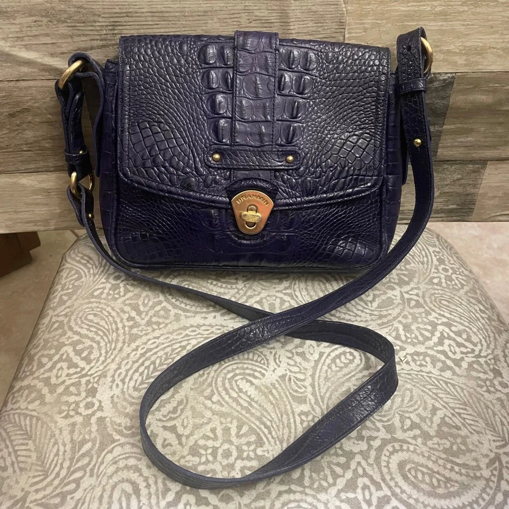 Brahmin Purple Croc Embossed Leather Crossbody Bag Turn Lock Gold Hardware